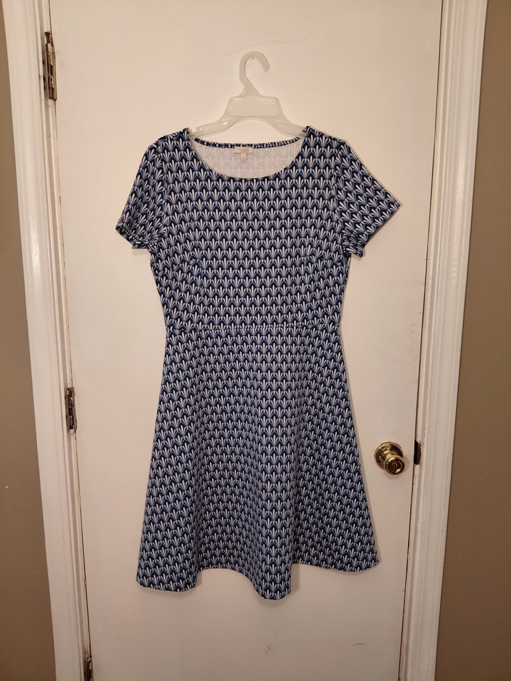 Talbots Navy and White Patterned Short Sleeve Fit-and-Flare Dress